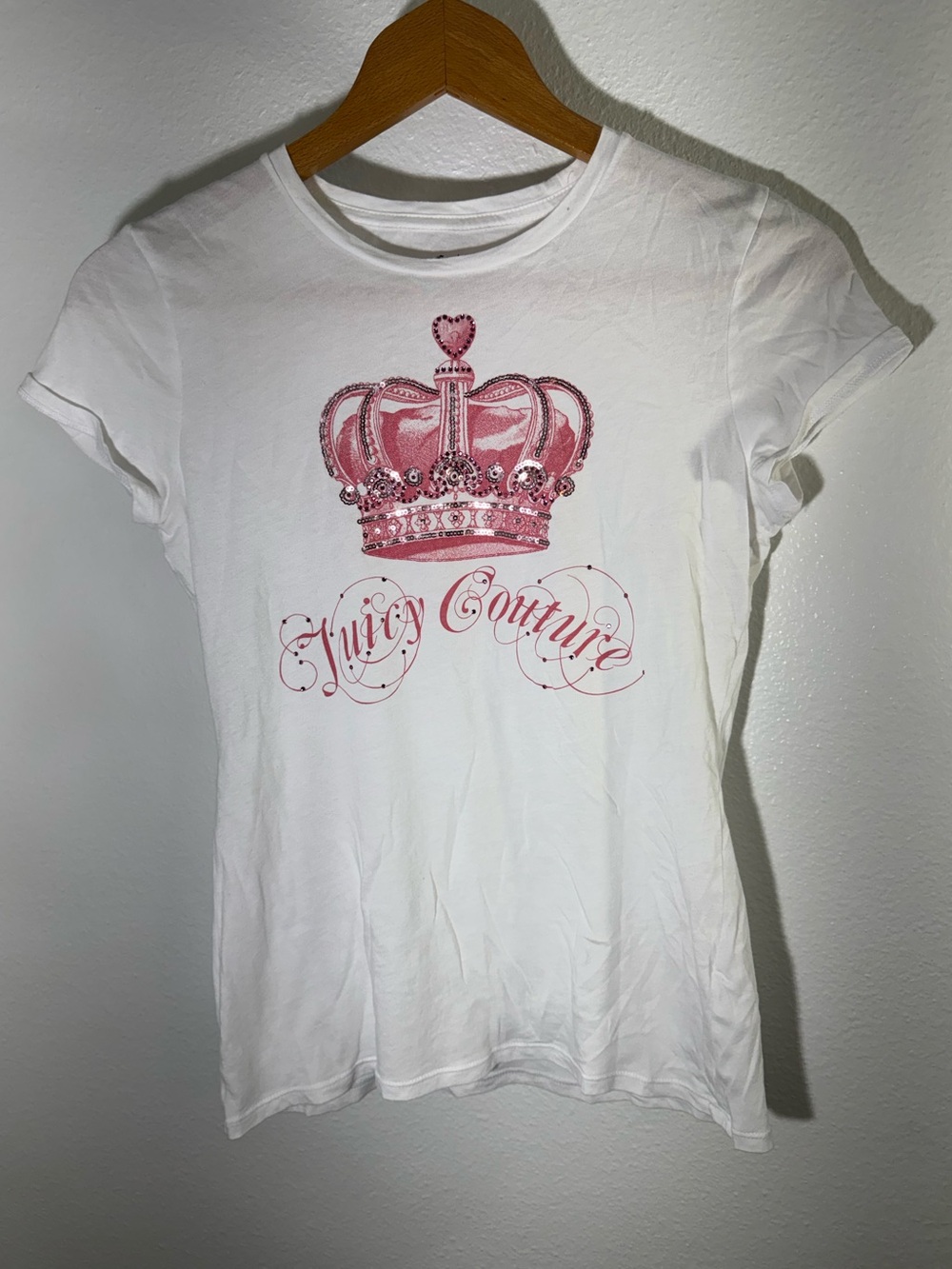 Juicy Couture Women's White Tee with Pink Crown Graphic